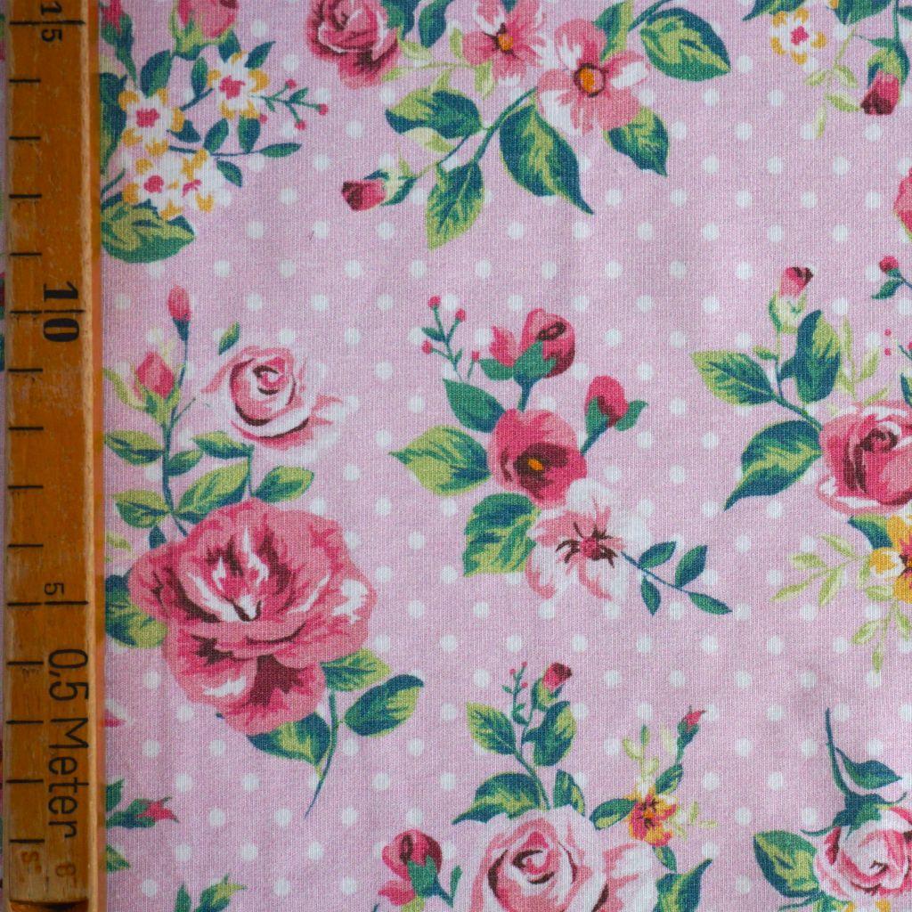 Baumwolljersey Rosenzweige Pünktchen rosa – FVJ